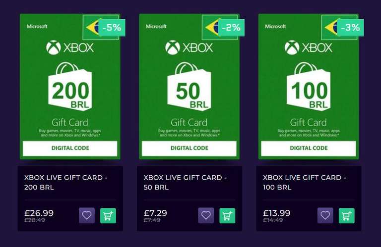 Xbox Live Gift Cards (Brazil Region - 50 BRL - £7.29/100 BRL - £13.99/200 BRL - £26.99) available @ CDKEYS