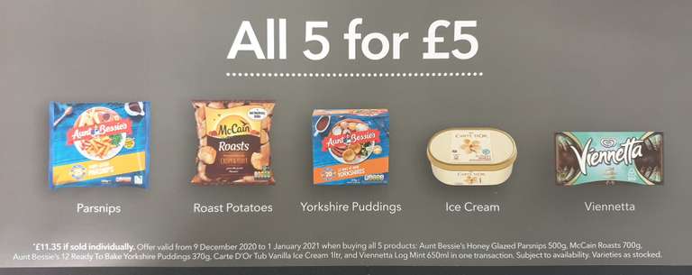 Freezer Deal £5 - Aunt Bessie's Parsnips, 12 Yorkshire Puddings, McCain Roast Potatoes, Viennetta Mint & Carte Dor Vanilla Ice Cream @ Co-Op