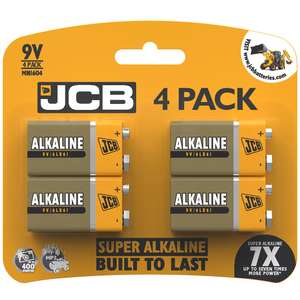 JCB 9v PP3 Alkaline batteries 9 volt pack of 4 £2.99 @ Home Bargains