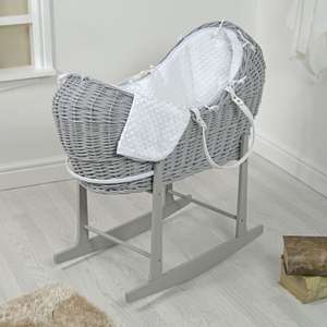 4baby Grey Wicker Snooze Pod Moses Basket & Rocking Stand - White Dimple £70.25 at Online4baby