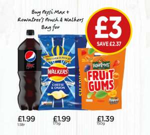Walkers Cheese & Onion Crisps 175g, Pepsi Max 1.5L, Rowntrees Fruit Gums 150g - £3 @ Budgens