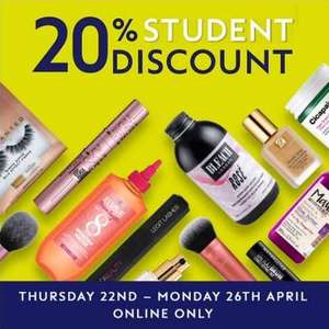 20% off for Students from 22nd to 26th April online only (£1.50 click & collect free over £15 / £3.50 delivery free over £25) @ Boots