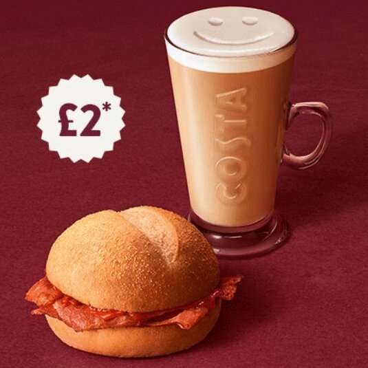 Costa Coffee - Breakfast Bap for £2 when you buy any Medium or Large Drink (before 11am) - Selected UK stores.