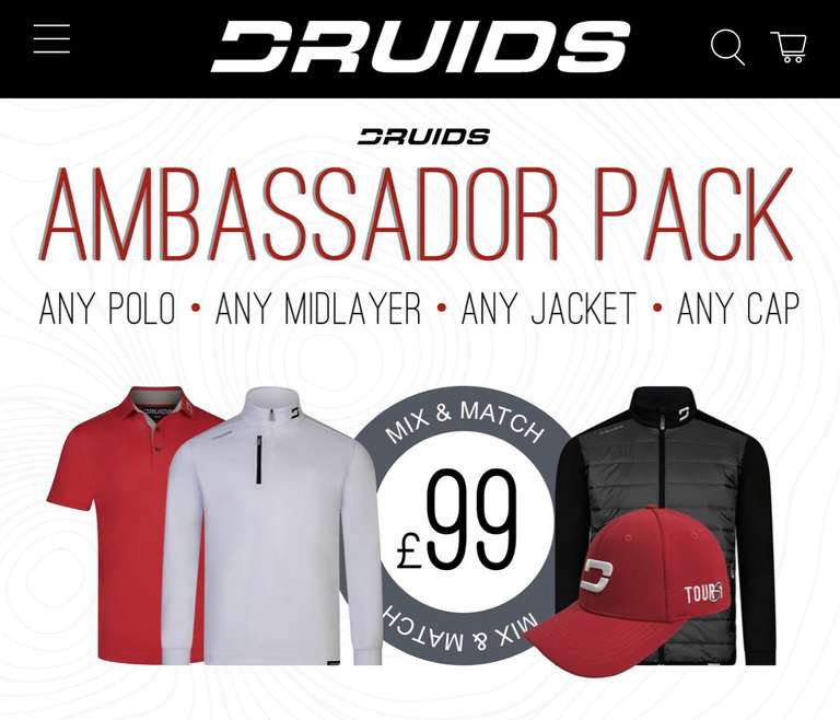 Ambassador Pack - Polo, Mid-layer, Jacket + Cap Bundle £99 + £6.99 delivery @ Druids Golf