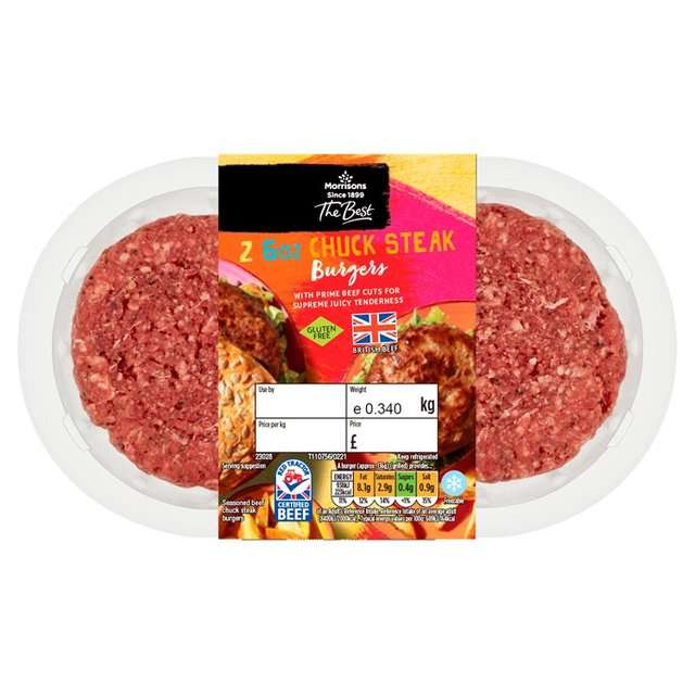 Morrisons The Best 2 x 6oz British Chuck Steak Burgers 340g £3 or 2 for £5