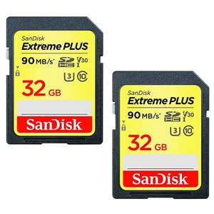 SanDisk Extreme Plus 32 GB SDHC Memory Card, Twin Pack, Up to 90 MB/s, Class 10, U3 , V30 - £8.97 (+£4.49 Non Prime) delivered @ Amazon