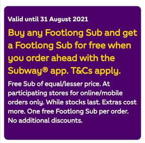 Subway click & collect (STORE SPECIFIC) order 1 footlong & get 1 footlong free or order wrap / salad / 6 inch Sub and free dispensed drink