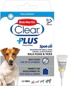 Bob Martin Clear Plus Spot On Flea Treatment for Small Dogs (2-10 Kg) Fleas, Ticks, Lice & Flea Eggs 3 Pipettes £7 (+£4.49 nonPrime) Amazon