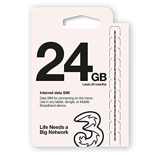 Three Mobile Pay As You Go Mobile Broadband 24 GB data SIM £31.29 at Amazon