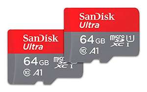 SanDisk Ultra 64GB microSDHC UHS-I card, with Adapter (2-Pack) £15.99 (+£4.49 non-prime) at Amazon