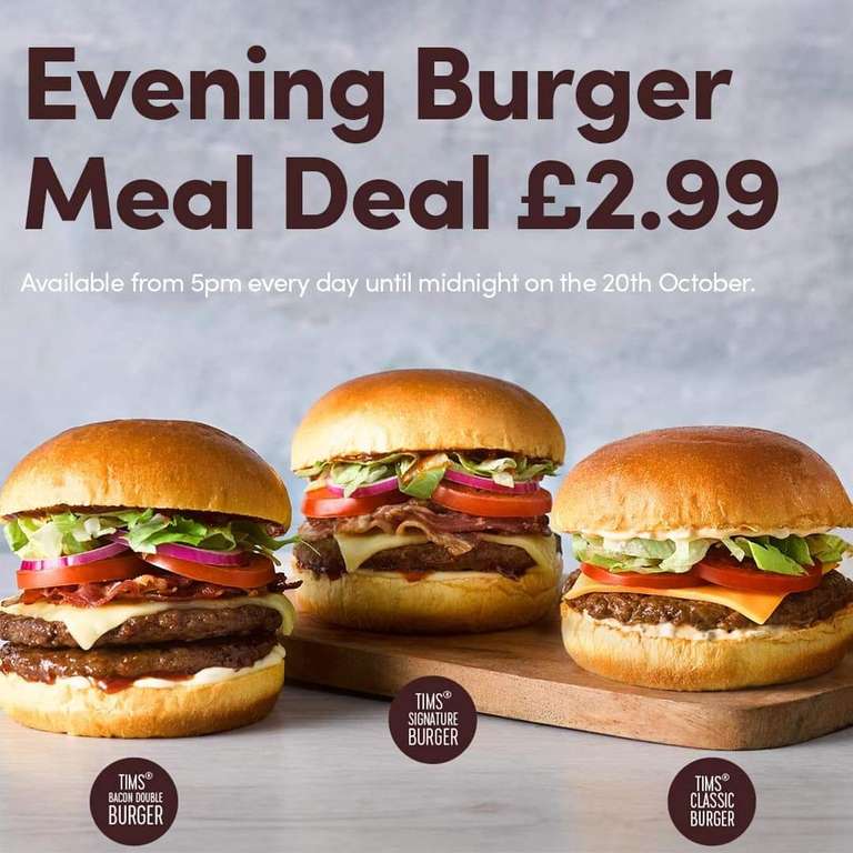 Tim Horton's New Signature Burger/Classic Burger/Double Bacon Burger Meals are £2.99 Between 5pm - Midnight @ Tim Horton's