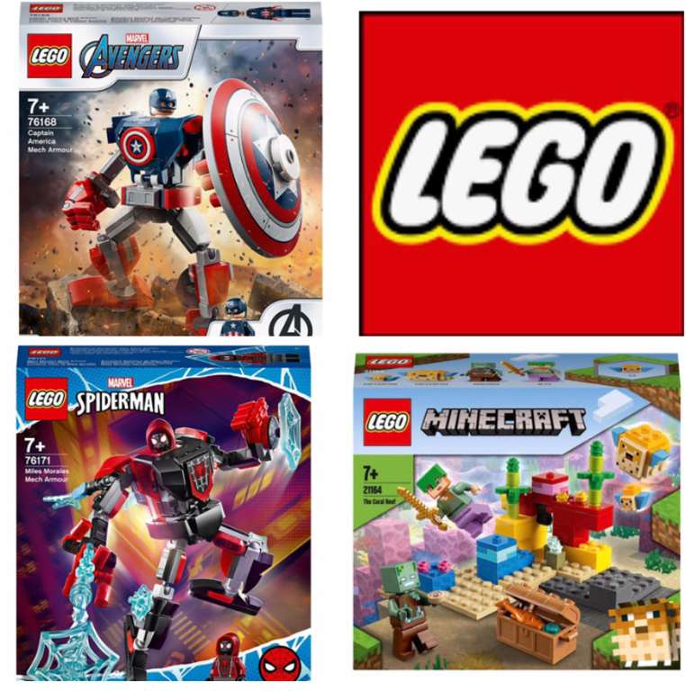 LEGO Marvel 76171 Spider-Man Miles Morales Mech, 76178 Captain America Mech, 21164 Minecraft The Coral Reef £5.99 each @ Sainsburys