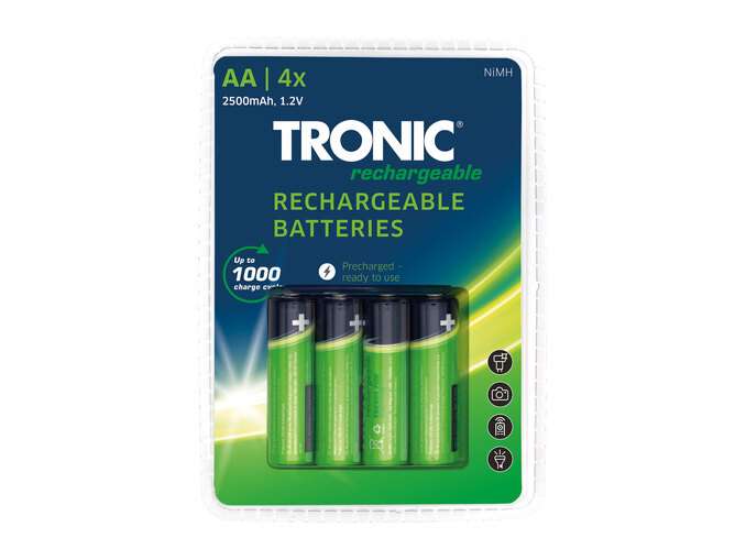 4 Pack Tronic Rechargeable Batteries (AA 2500mAh / AAA £2.99 at Lidl | hotukdeals