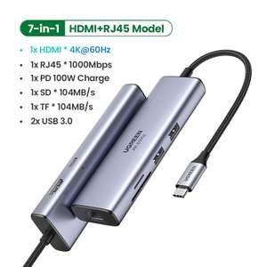 UGREEN USB-C HUB to 4K@60Hz HDMI 2.0/RJ45/2 x USB 3.0/USB-C PD 100W/SD & Micro SD Adapter for £22.66 deilvered @ AliExpress / Ugreen