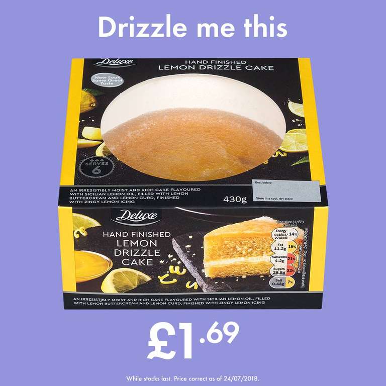 Lidl Deluxe Hand Finished Lemon Drizzle Cake 430g £1.05 @ Lidl In-store