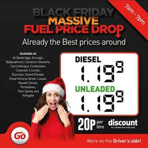 *NI only* 20p off petrol & diesel at selected Go garages - £1.199 Diesel & Unleaded - Maximum fill £100 Must be into vehicle tanks ONLY