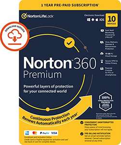 Norton 360 Premium 2022 Antivirus for 10 Devices and 1-year subscription (download version) - £16.99 sold by Amazon Media EU S.à r.l