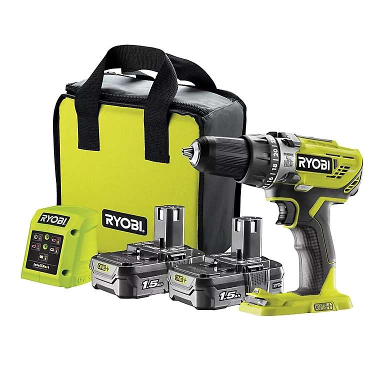 Ryobi ONE+ 18V 1.5Ah Li-ion Cordless Combi drill R18PD3-215SK + 2 batteries + charger + case = £64 / £60 with codes - collection @ B&Q