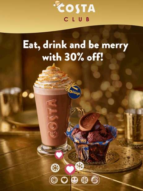 30% off all food and drink (one time use) at Costa coffee (club members) - Check account