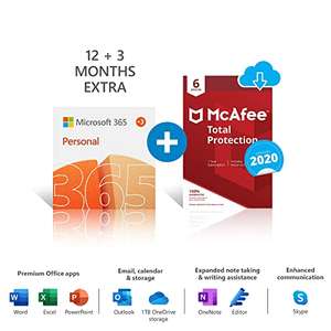 Microsoft 365 Personal | 15 Months subscription | Office apps 1 user + McAfee Total Protection 2022 | 6 Devices | 12 months £45.19 @ Amazon