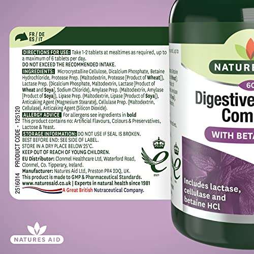 Natures Aid Digestive Enzyme Complex with Betaine Hydrochloride 60 Tablets £6.95 / £6.26 Subscribe & Save + 20% Voucher 1st S&S @ Amazon