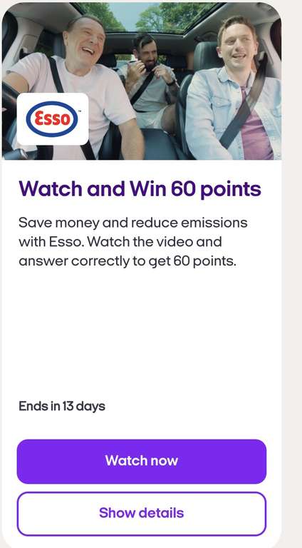 Free 60 Nectar bonus points - watch 1 minute Esso video and answer question (selected accounts)