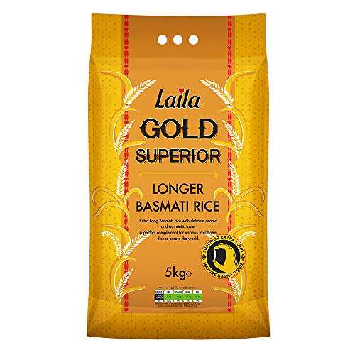 Laila Gold Superior Longer Basmati Rice 5Kg. Extra Long Basmati Rice with Delicate Aroma and Authentic Taste - £7.65 S&S