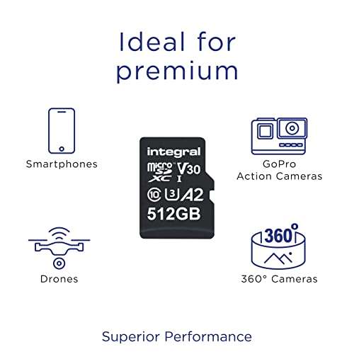 Integral 512GB Micro SD Card 4K Video Read Speed 180MB/s and Write Speed 150MB/s MicroSDXC A2 C10 U3 UHS-I 180-V30