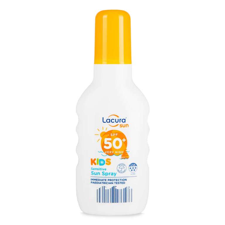 Lacura SPF 50+ Kids Sensitive Sun Spray 200ml / Lacura SPF 50+ Kids Coloured Sun Spray 200ml £3.49 Each @ Aldi