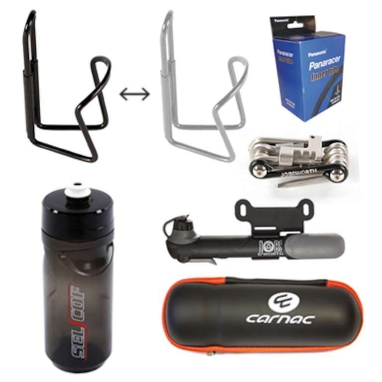 Cycling Bundle (bottle, 2 cages, tool case, inner tube, pump & multitool) £23.98 delivered from Planet X