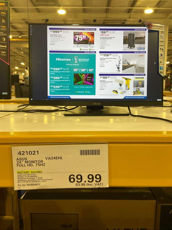 Asus VA24EHL 24" 75Hz IPS Full HD monitor for only £83.98 instore (Members Only) @ Costco, Sunbury on Thames