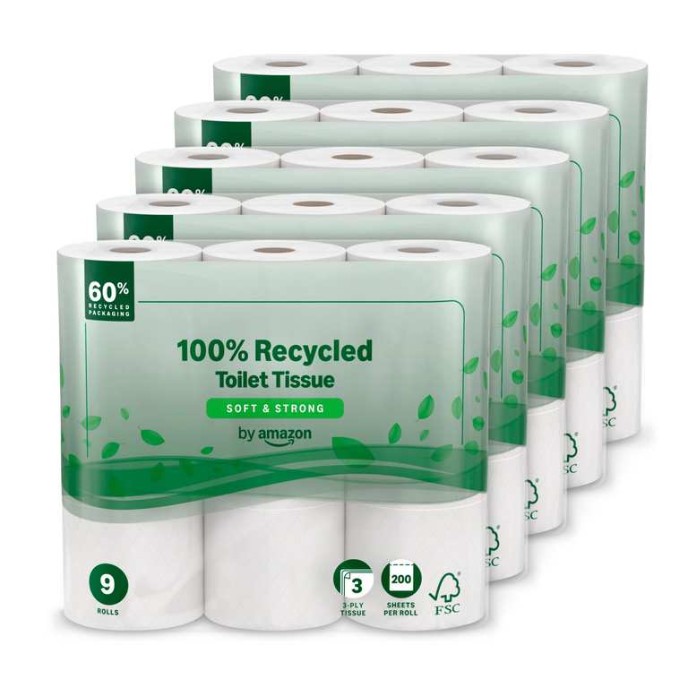by Amazon Toilet Roll, 3-ply 100% Recycled, Soft and Strong, 45 Rolls (5 Packs of 9), 200 Sheets per Roll - £13.94 S&S
