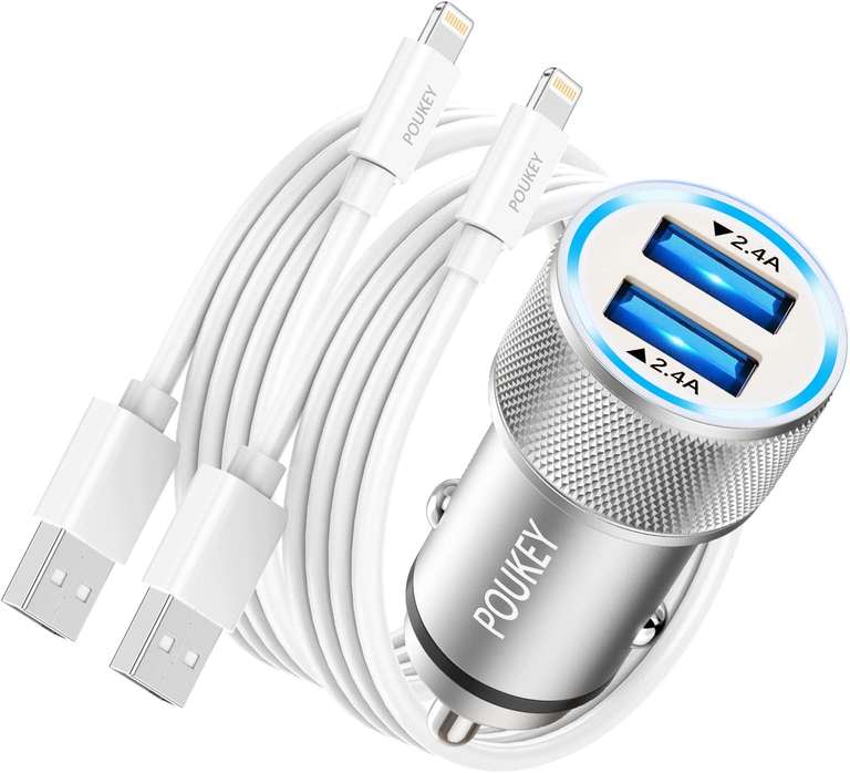 IPhone car charger adapter plus 2x lightning cables sold by Poukey FBA