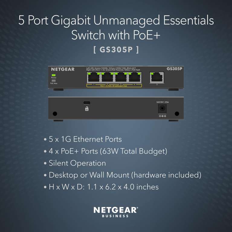 NETGEAR 5 Port PoE Switch, Unmanaged Gigabit Network Switch GS305P ...