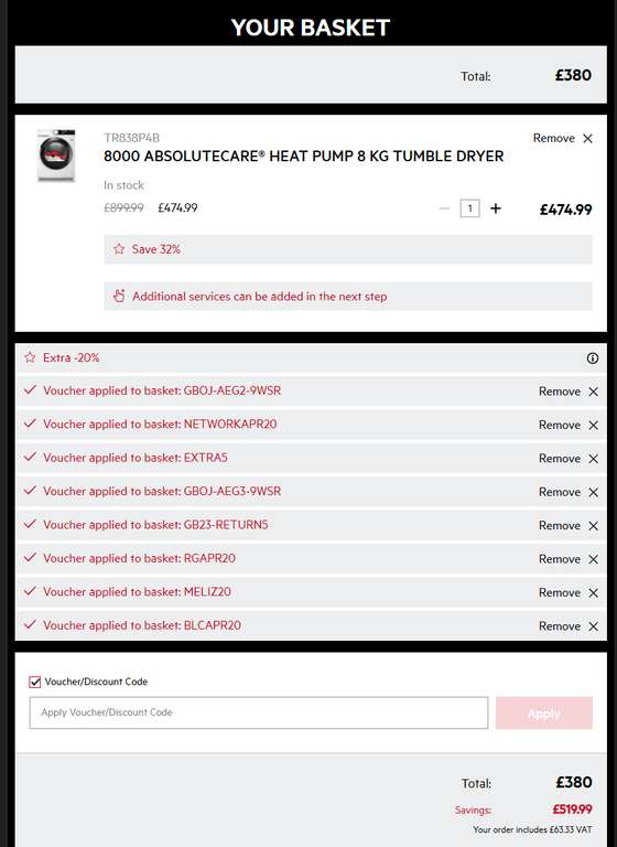 AEG 8000 (TR838P4B) 8kg Heat Pump Tumble Dryer (via 25% perks @ work + 5% EXTRA + 20% RGAPR20))
