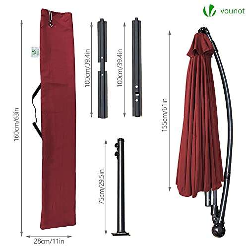 VOUNOT 3m Cantilever Shanghai Parasol, Banana Umbrella with Crank Handle for Outdoor Sun Shade, 18 Sturdy Ribs, Red - £45.55 @ Amazon