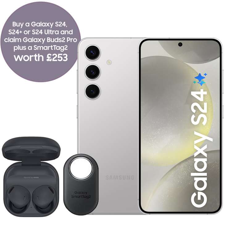Samsung Galaxy S24 128GB + 100GB iD Data, £29.99pm £74 upfront with code + Buds2 Pro £10 Credit + £75 enhanced trade in / 500GB £813