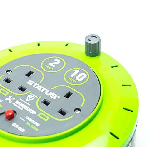 STATUS 2 Socket Cable Reel | 10m Green Extension Lead | 13A with Thermal Cut Out | Heavy Duty Outdoor Extension Lead £12 @ Amazon
