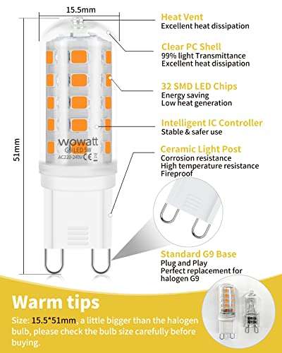 10 pack Wowatt G9 LED Light Bulbs, 5W, Warm White 3000K, 400LM - £9.99 Sold by ERNEUEN / Fulfilled By Amazon