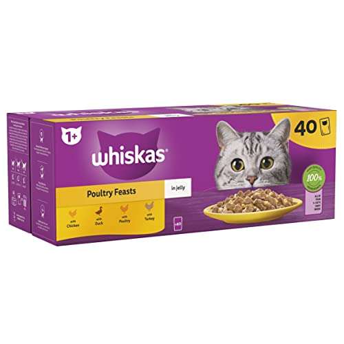 Whiskas 1 plus Adult Poultry Selection Cat Food in Jelly 40 x 85g Pouches £8.77 S&S / £8.10 or less with S&S voucher