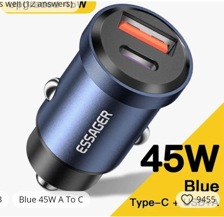 Essager 45w 5A PD Car Charger £3.82 + 76p VAT Free Shipping (39p New Customer offer) ESSAGER Official Store