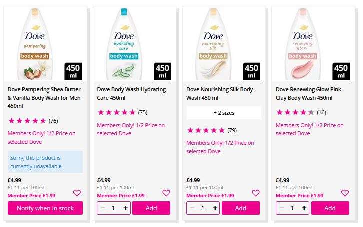 Dove Body Wash or Bath Soaks 450ml (14 options to choose from): £1.99 (members price) + Free Click & Collect @ Superdrug