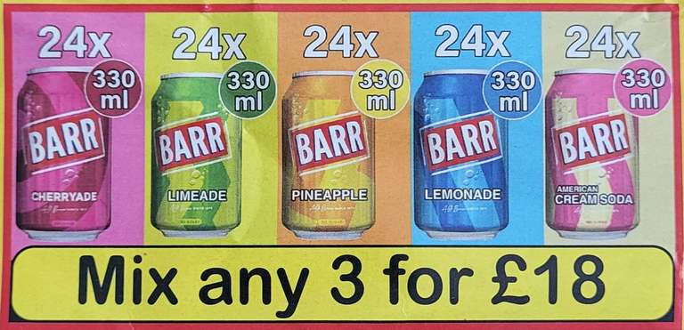 Barr 24 packs x3 Cherryade, Limeade, Pineapple, Lemonade, Cream Soda - 25p per can