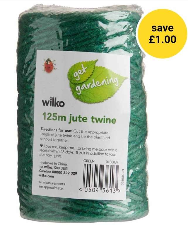 Wilko Green Jute Twine 125m now £1 + Free Collection at Wilko