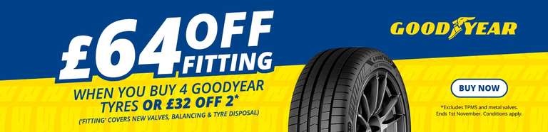 Up to £64 off fitting price on Goodyear tyres (eg 2 x Eagle F1 Asymmetric 5 (225/45 R17 91Y) £156.98 @ ATS Euromaster