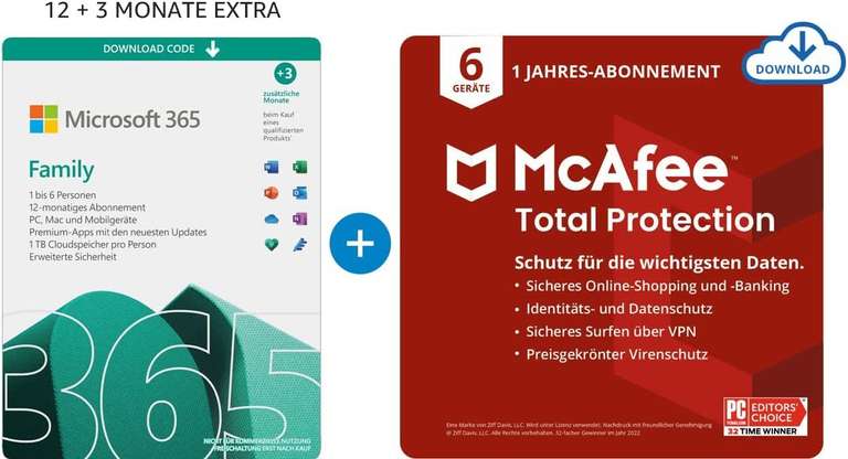Microsoft 365 Family 6 Users - 15 months and McAfee 6 Devices - £44.85 Dispatched from and sold by Amazon Media EU Sarl @ Amazon Germany