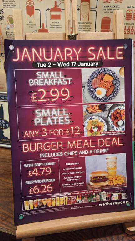 Wetherspoon January sale - food - e.g. £2.99 breakfast, 3 for £12 Small Plates, Burger Meal from £4.79 or £6.26 with alcoholic drink