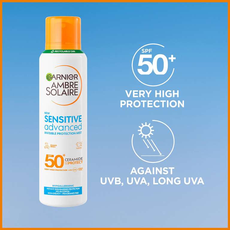 Garnier Ambre Solaire SPF 50+ Sensitive Advanced Dry Mist Sun Cream Spray, Water Resistant & Non Greasy Sunscreen, Fragrance Free 150ml