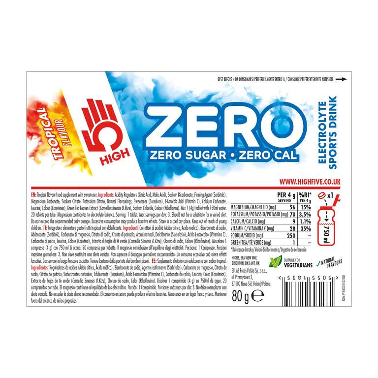 HIGH5 ZERO Electrolyte Tablets | Hydration Tablets Enhanced with Vitamin C | 0 Calories & Sugar Free | Tropical, 20 Tablets
