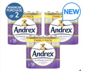Andrex Supreme Quilted 3-Ply Toilet Tissue, 3 x 16 Pack £21.79 - Minimum purchase of 2 (6 packs) 96 rolls for £43.58 at Costco
